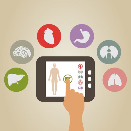 finger presses the button of the tablet around the internal organsのイラスト素材