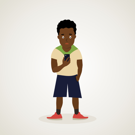 Teen African American holds the phone in his hand. Vector illustrationのイラスト素材