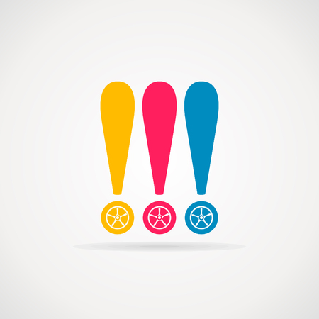 Exclamation mark the wheel of the car. Vector illustrationのイラスト素材