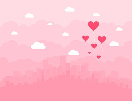 Heart balloons on background of the city. Vector illustrationのイラスト素材