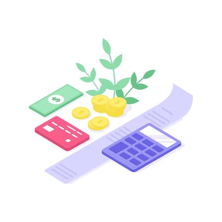 Calculator and counting money. Vector isometry illustrationのイラスト素材