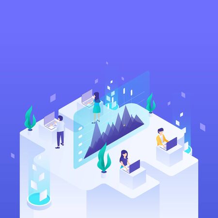 People work on the computer. Vector isometry illustrationのイラスト素材