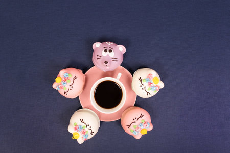 the cakes on plates and a cup of coffeeの写真素材
