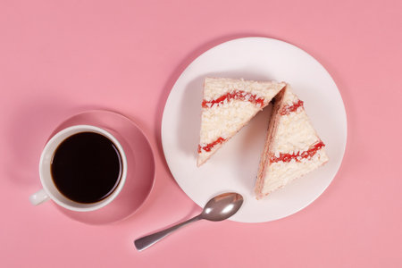 the coffee and two pieces of cake on a pink background, the view from aboveの写真素材