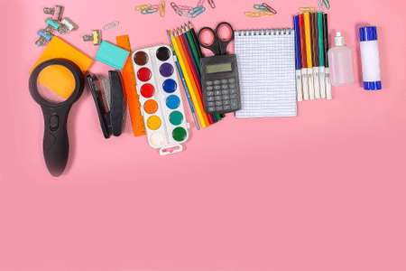 the Stationery on boards. Concept education. Back to schoolの写真素材