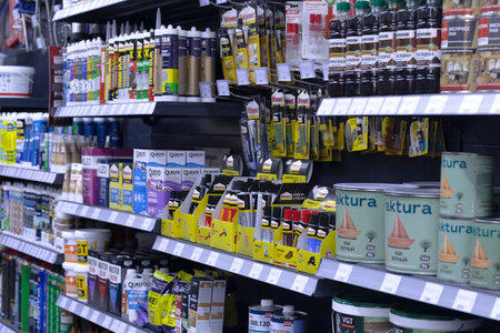 Ivanovo, Russia, February 20, 2021, editorial. Showcase with building materials for home and everyday life.のeditorial素材