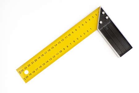 Iron ruler with angle bar, isolated on a white background.