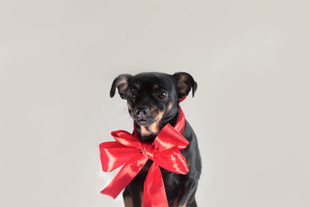 A small thoroughbred dog with a red bow. Pets. Animal themes.の写真素材