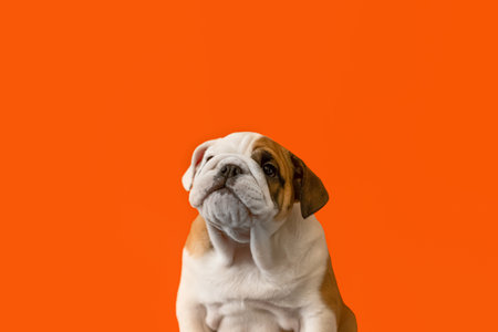 Funny English bulldog puppy on an orange background. Pets. Thoroughbred dog.の写真素材