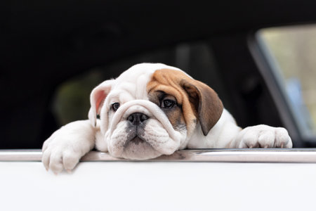 Cute English bulldog puppy in the car. Portrait. Pets.の写真素材
