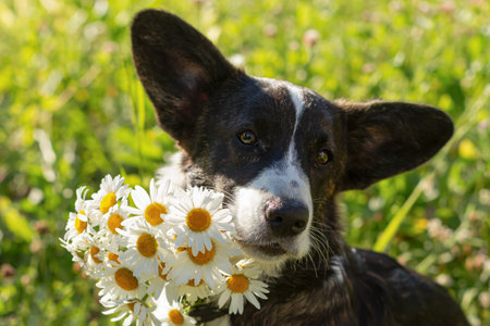 Welsh Corgi Pembroke. A purebred dog with white flowers. A greeting card.の写真素材
