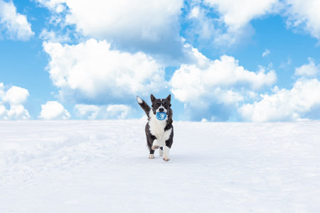 A dog running with a toy in the snow. Welsh Corgi Pembroke. landscape - nature.の写真素材