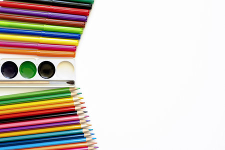 school supplies on a white background. painting. back to school. copyspace.の写真素材