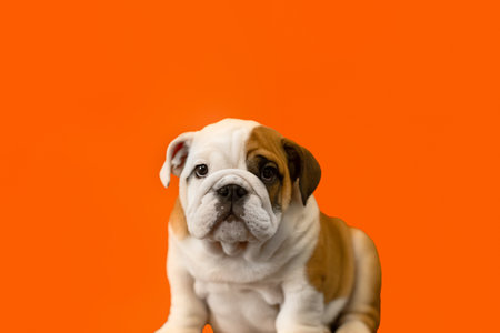Cute English bulldog puppy on an orange background. Pets. A thoroughbred dog.の写真素材
