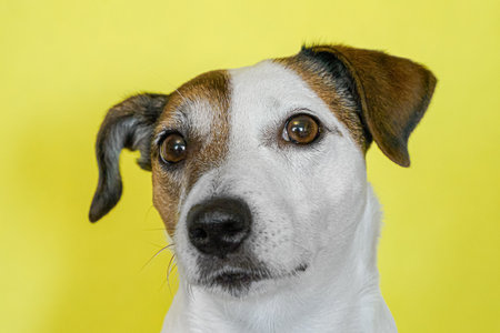 A hunting dog. Jack Russell terrier. Cute purebred dog on a yellow background. A greeting card.の写真素材