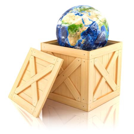 Planet Earth in a wooden box  Isolated on white background の写真素材