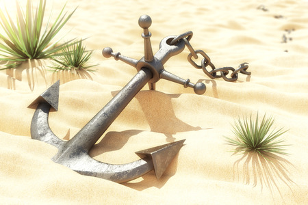 Anchor on sandy beach. Concept. Illustration 3dの写真素材