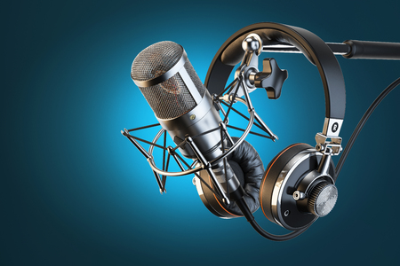 Headphones on microphone stand, professional studio Headphones on microphone stand, professional studio