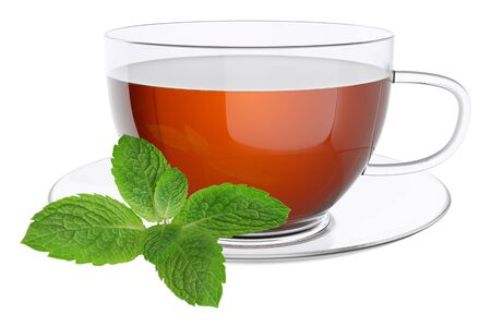 Cup tea and leaves of mint. Isolated on white background 3dの写真素材