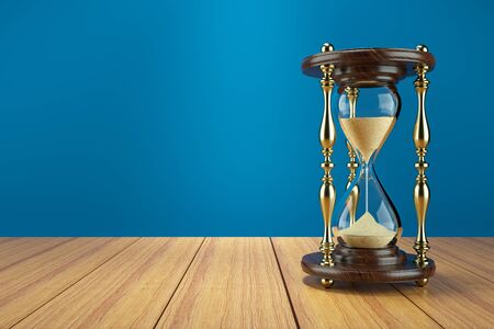 Hourglass retro on wooden table. Concept, 3d illustration