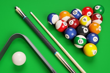 Group of billiard colored balls, cues and triangle on green table. Top view. 3d illustrationの写真素材