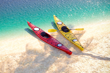 Two sea kayaks on the sand coast. 3D illustrationの写真素材