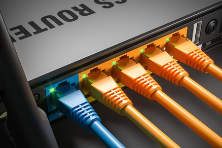 LAN cables plugged in router ports in home server. Macro shot. 3d render