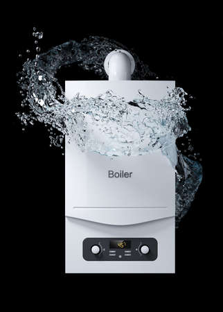 Wall mounted gas boiler and water flow around isolated on black background 3dの写真素材