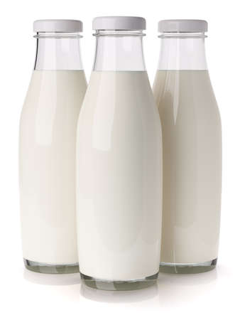 Three glass bottle with milk isolated on white background 3d renderの写真素材