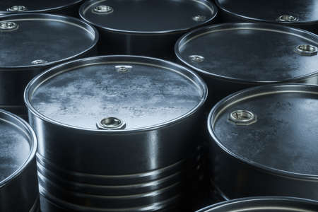 Group of black barrels with oil closeup. 3D renderの写真素材