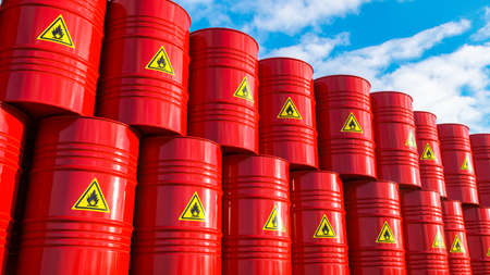 Red metal barrels with fuel of outdoor sky. 3D renderの写真素材