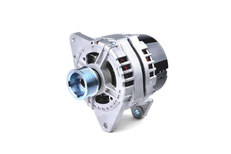 car generator, car electrical network element on white background, close-up selective focus