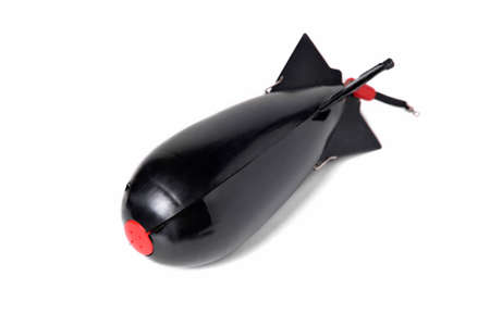 black fishing feeder rocket for feeder fishing white background close-upの写真素材