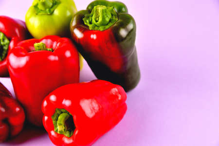 red and green sweet bell peppers on a purple background, fresh juicy vegetables on a colored...