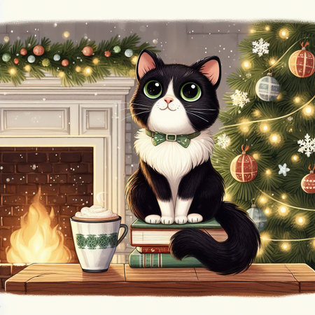 a young beautiful cat sits on a stack of books against the backdrop of a Christmas tree and a burning fireplace. Close-upの素材