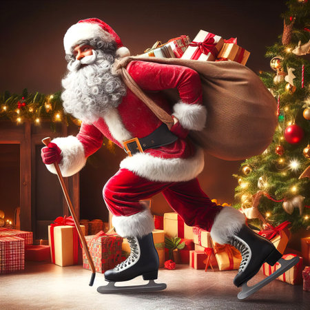 Santa Claus on skates with gifts in a bag behind his back against the background of a Christmas tree and colorful lights close-up selective focusの素材