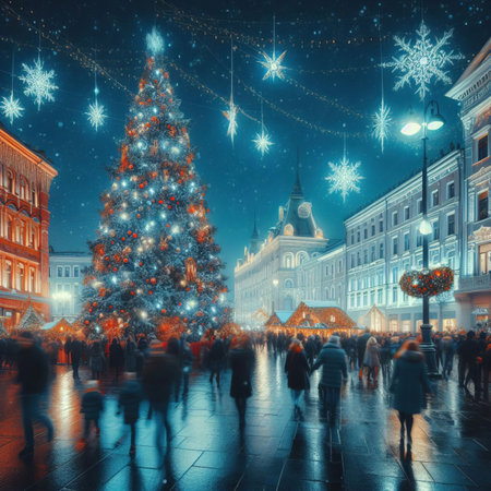 city square on Christmas Eve, city hall, Christmas trees bright lights, people with children walking through the square, close-up, selective focusの素材