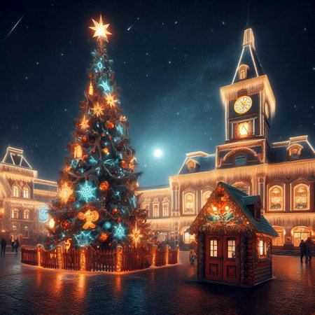 city square on Christmas Eve, city hall, Christmas trees bright lights, people with children walking through the square, close-up, selective focusの素材