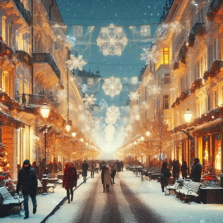 street decorated for Christmas with Christmas trees with Christmas flowers and lots of lights. People hurry down the street about their business. Pre-Christmas bustle. close-up selective focusの素材