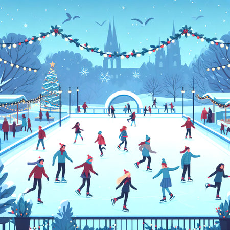 people skating on the skating rink on Christmas Eve close-upの素材