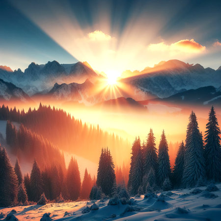 Winter, mountain landscape. Spruce trees and mountains covered with snow in the sun's rays. Winter evening in the mountains. selective focusの素材