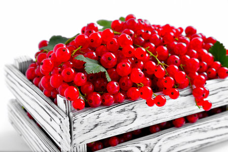 ripe fresh red currents in wooden box on light background, berry season, close-up, selective focusの写真素材