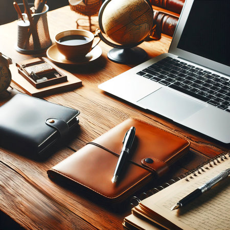 modern office desk with laptop notepad pen phone cup of coffee and other office accessories. manager workplace close-up selective focusの素材