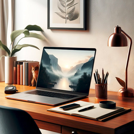 modern office desk with laptop notepad pen phone cup of coffee and other office accessories. manager workplace close-up selective focusの素材