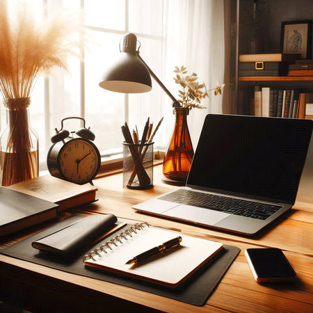 modern office desk with laptop notepad pen phone cup of coffee and other office accessories. manager workplace close-up selective focusの素材