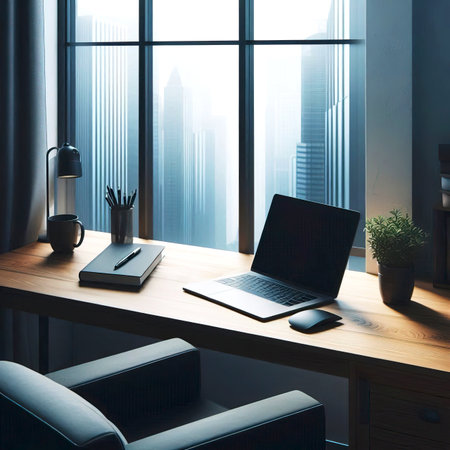 modern office desk with laptop notepad pen phone cup of coffee and other office accessories. manager workplace close-up selective focusの素材