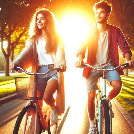 girl and guy on bicycles in the rays of the setting sunの素材