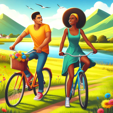 girl and guy on bicycles in the rays of the setting sunの素材