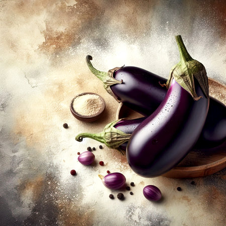 eggplant on table in rustic style, still life eggplant various ingredients, close-up, selective focusの素材