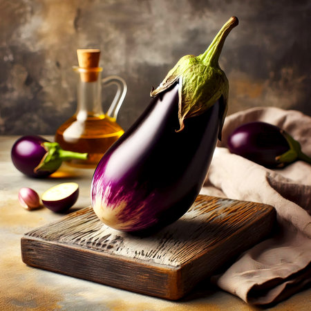eggplant on table in rustic style, still life eggplant various ingredients, close-up, selective focusの素材